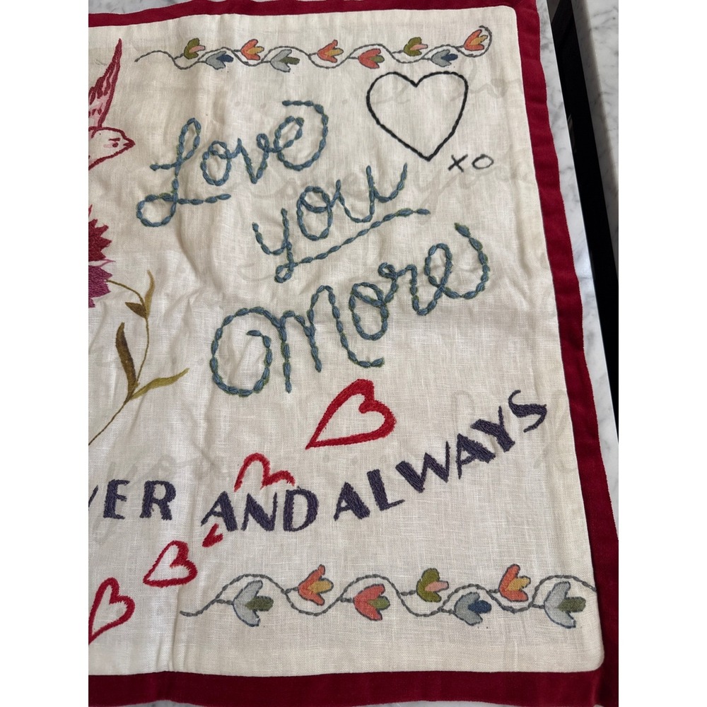 Pottery Barn Love You More Embroidered Linen Velvet Pillow Cover 20x20 Red Cream - Picture 3 of 10